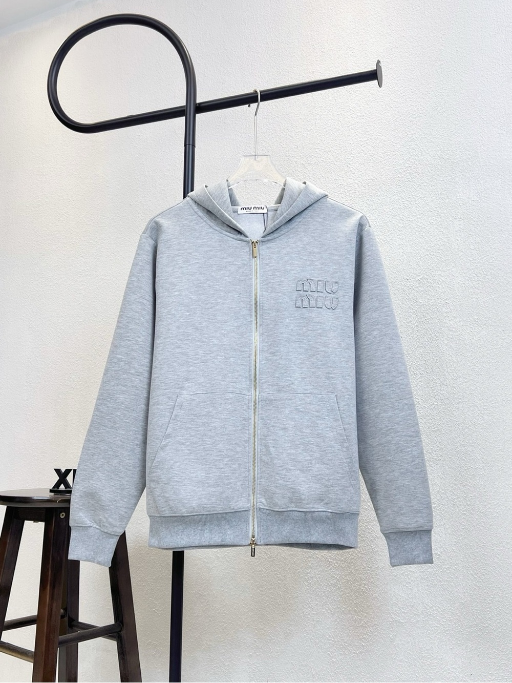 Miu Miu Light Gray Zip-Up Hooded Sweatshirt